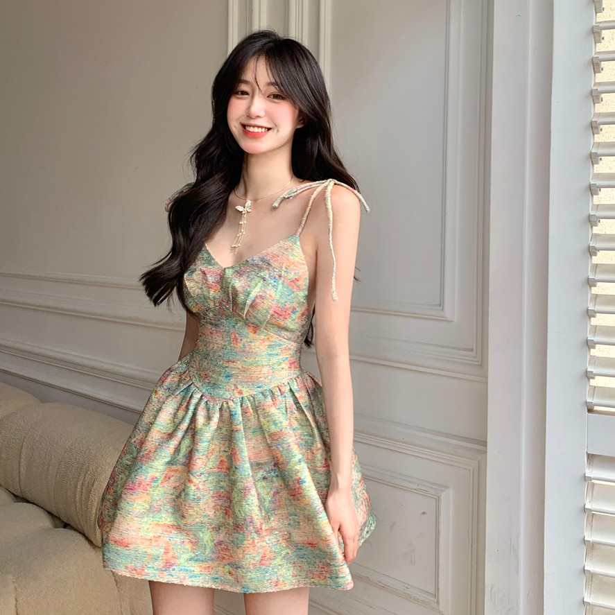Đầm Yếm In Họa Tiết Tranh Sơn Dầu Phong Cách Retro Hàn Quốc