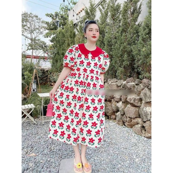 Đầm BBD Babydoll Hoa Lá Tay Phồng Form Suông Rộng Siêu Cute - Bầu Bí Bon Chen