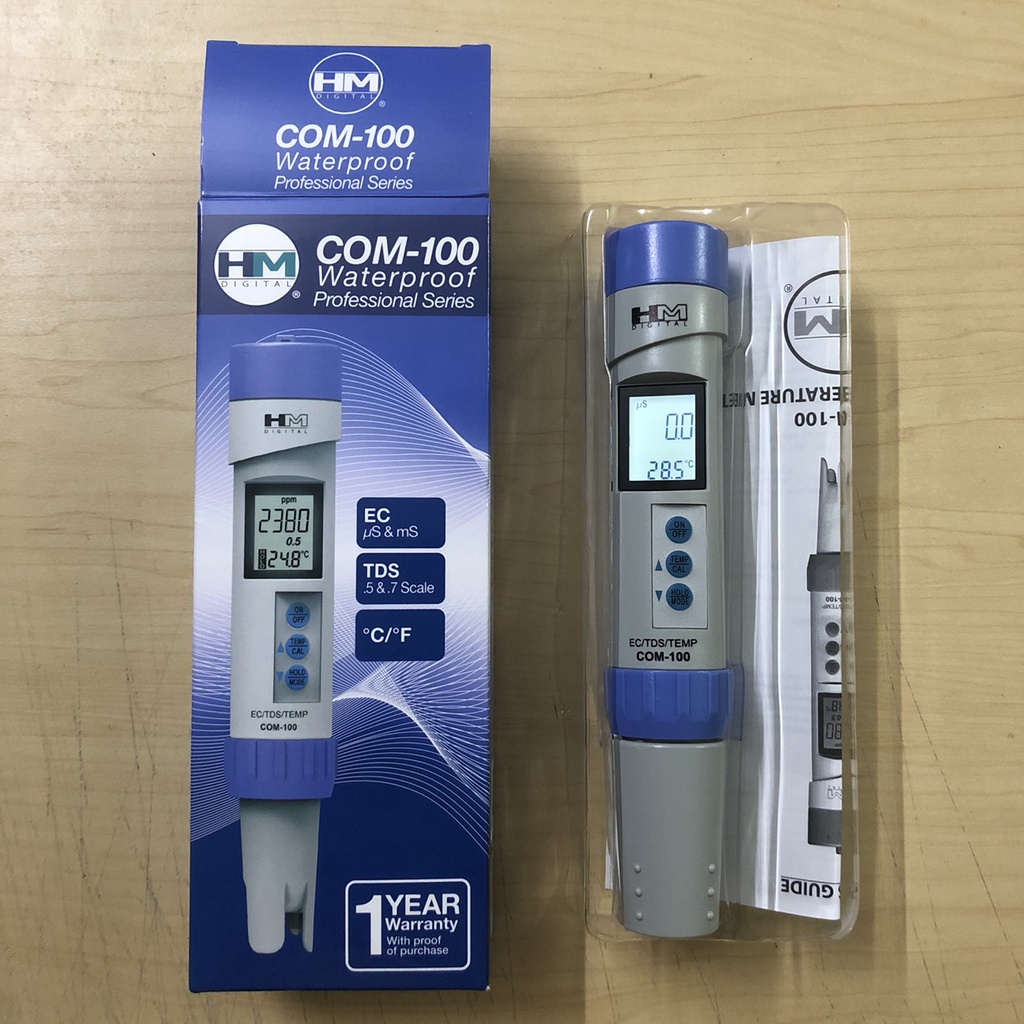 Máy đo ec/tds Com-100, thương hiệu: HM Digital, GÔm: thân máy, dây đeo và hộp đựng - Đại diện HM Digital tại Việt Nam