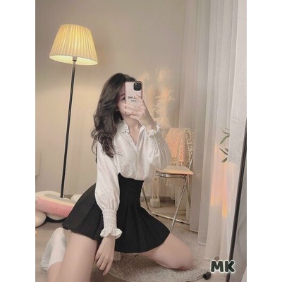 Áo sơ mi đũi cổ trụ bèo tay nhún xinh