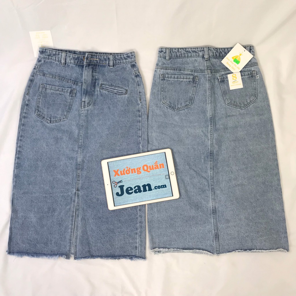 Chân Váy Jean Dài Xẻ Tà Phối TÚI LỆCH Chất Bò Màu Xanh Nhạt 527 | BigBuy360 - bigbuy360.vn
