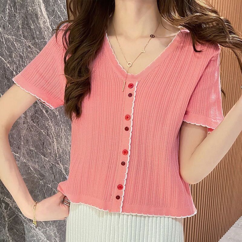 Áo Dệt Kim Tay Ngắn Cổ Chữ v Chất Liệu Lụa Mát Cao Cấp Thời Trang