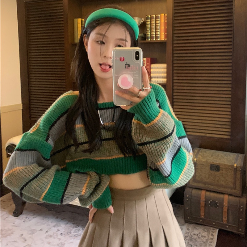 Áo Thun Lửng Tay Dài Họa Tiết Kẻ Sọc Thời Trang Mùa Thu Dễ Phối Đồ Cho Nữ