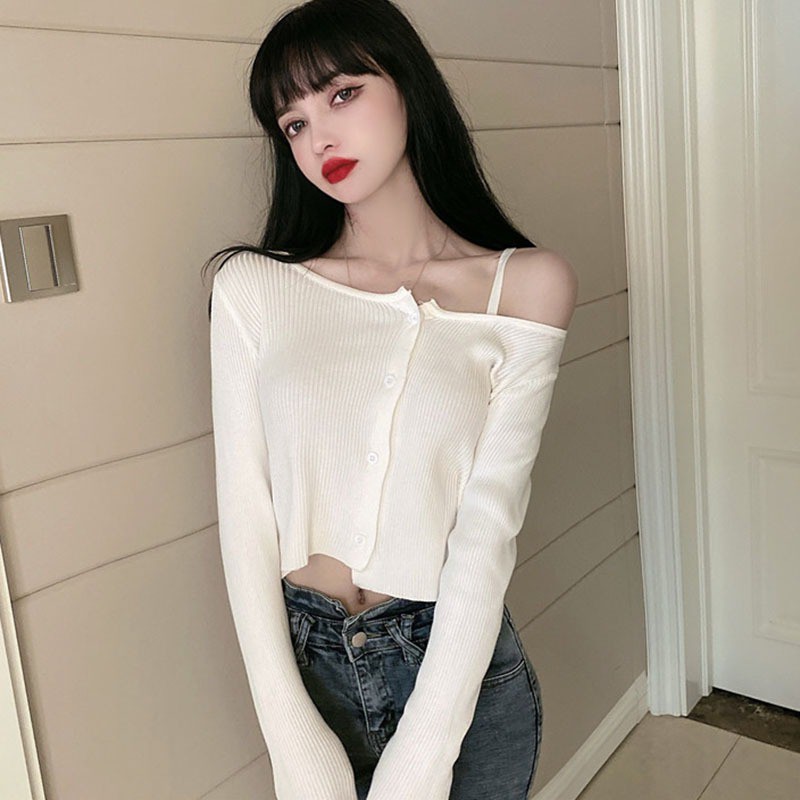 Áo Cardigan Dệt Kim Tay Dài Thiết Kế Lệch Vai Quyến Rũ Cho Nữ | BigBuy360 - bigbuy360.vn