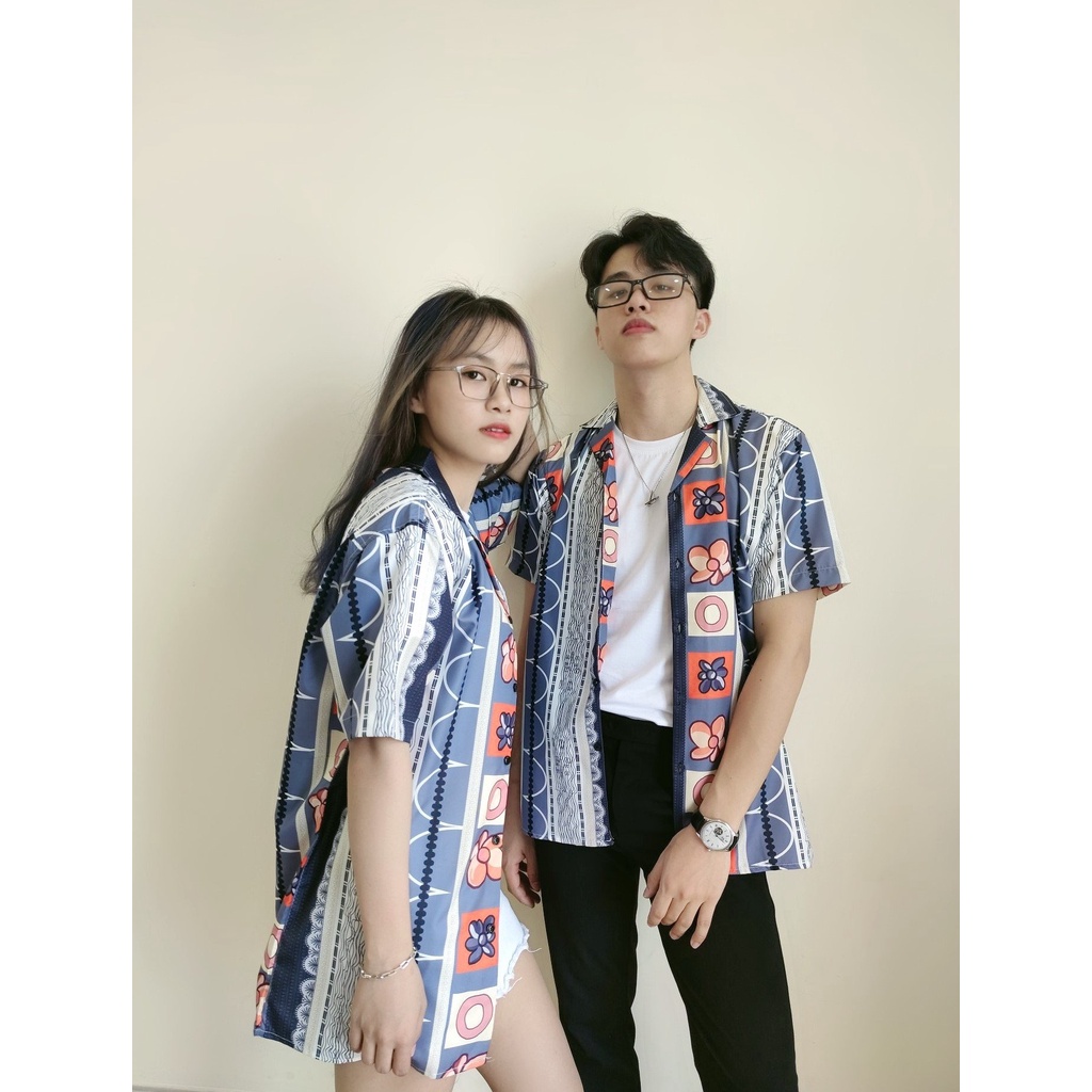 Áo sơ mi tay lỡ ngắn tay họa tiết cổ trụ vest unisex form rộng nam nữ mặc đi chơi đi biển mặc cặp với người yêu