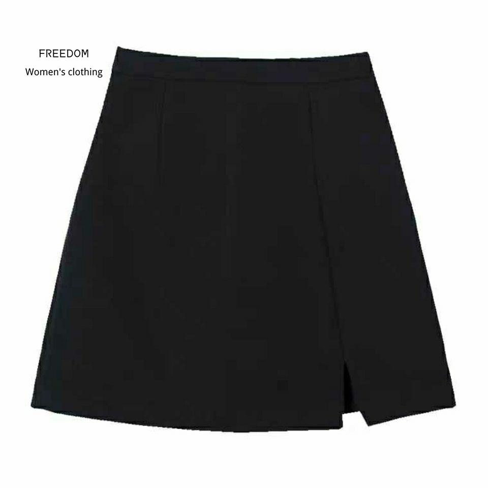 freedom  2021 phiên bản mới của Hàn Quốc váy xẻ tà màu đen với cạp cao rộng và túi mỏng ngang hông ngắn nữ