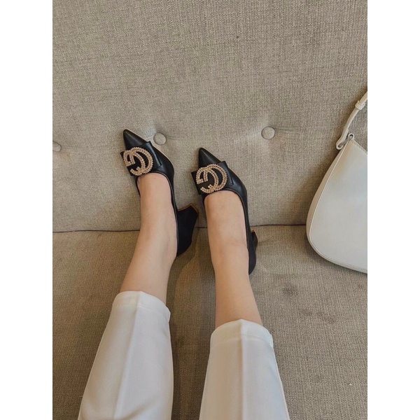 Bán sỉ Giày cao gót nữ da lì gót vuông 7p tag đá GC vàng hot trend