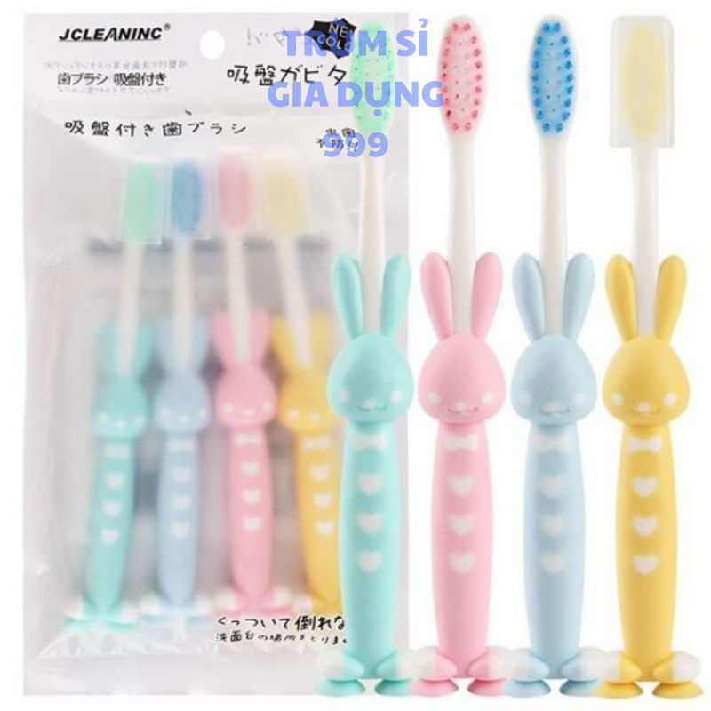 set 4 cây bàn chải đánh răng cho bé, túi 4 cây bàn chải đánh răng cho bé lông mềm có đế hít dính có túi zip như hình