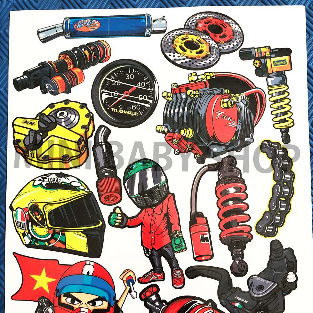 Bộ Tem Xe Máy Ohlins - Tem Biker Trang Trí Xe Máy Mũ Bảo Hiểm Laptop - Chống Thấm Nước Khổ A4