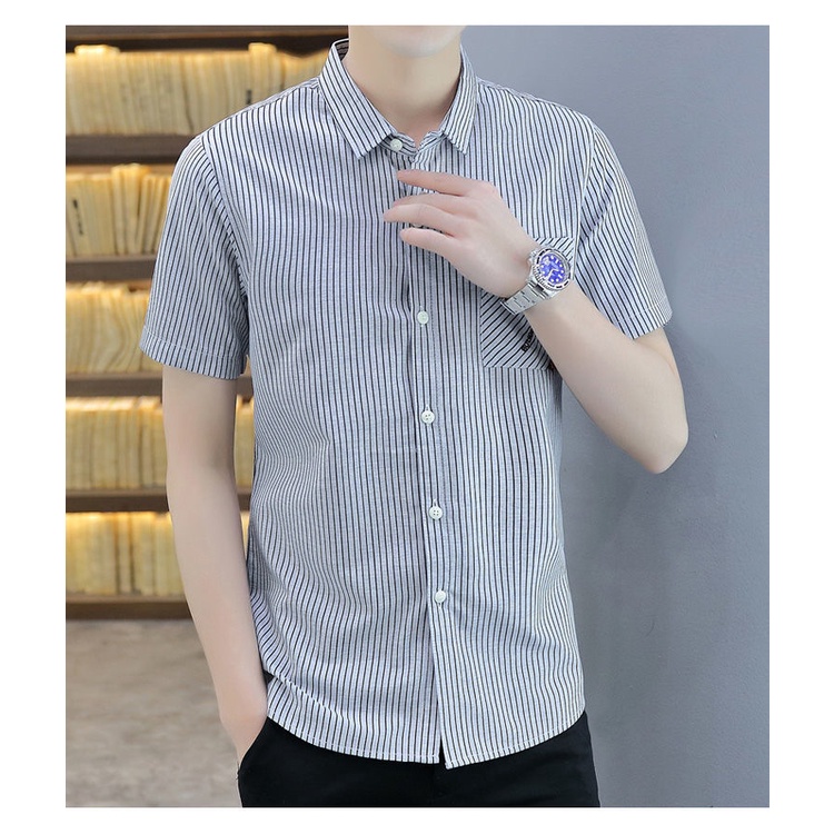 Áo Sơ Mi Nam Ngắn Tay Họa Tiết Kẻ Sọc Phong Cách Hàn Quốc Mới