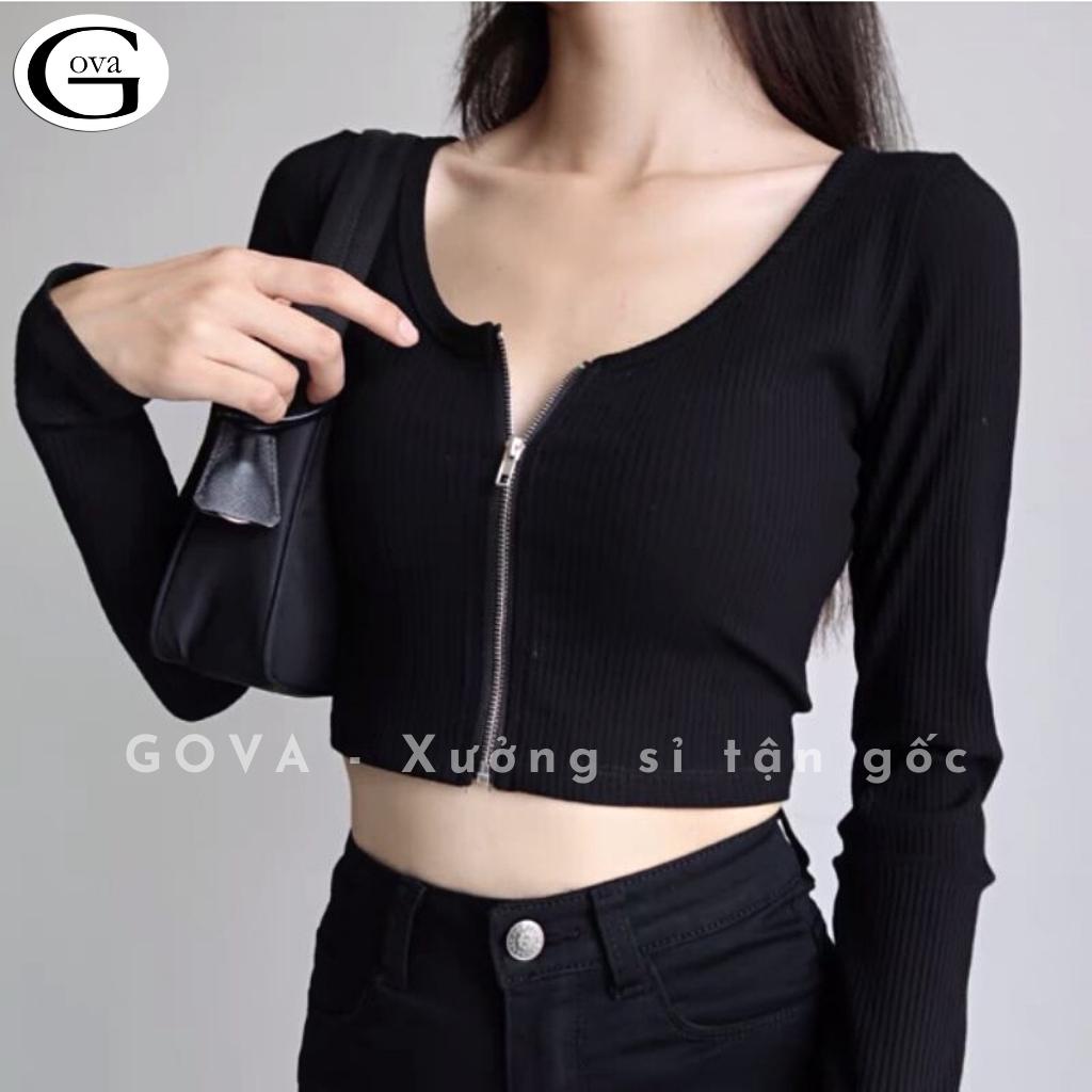 Ao croptop tay dài DÂY KÉO NGỰC thun gân Ulzzang, Áo thun nữ dài tay chất vải tốt mặc đẹp Satiny DB64