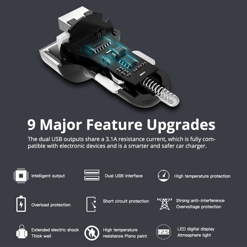 Củ Sạc Nhanh Fonken Cho Xe Hơi 2 Cổng Usb 3.1A 5V Có Đèn Led