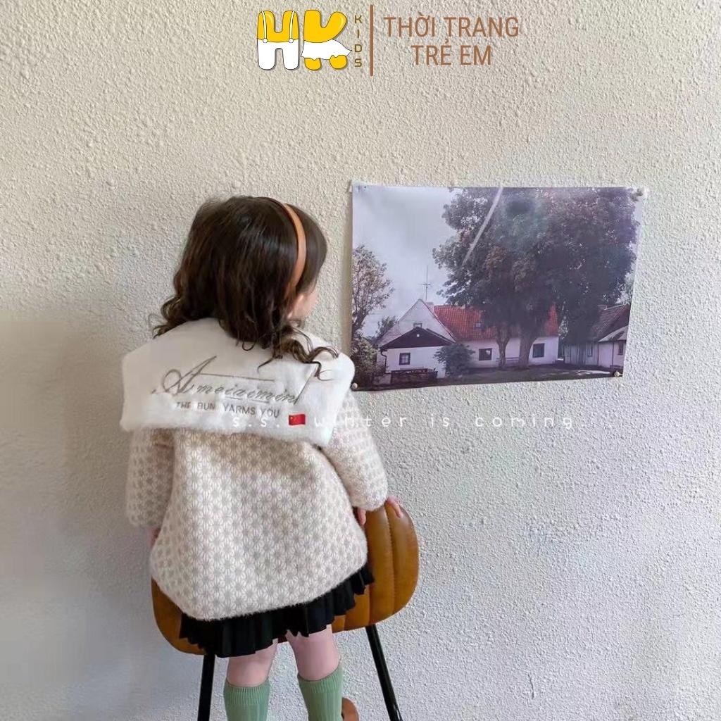 Áo khoác cho bé gái HK KIDS, chất dạ lông thỏ mềm mịn và nhẹ, dày dặn và ấm áp, kiểu dáng Hàn cho bé từ 1 đến 6 tuổi