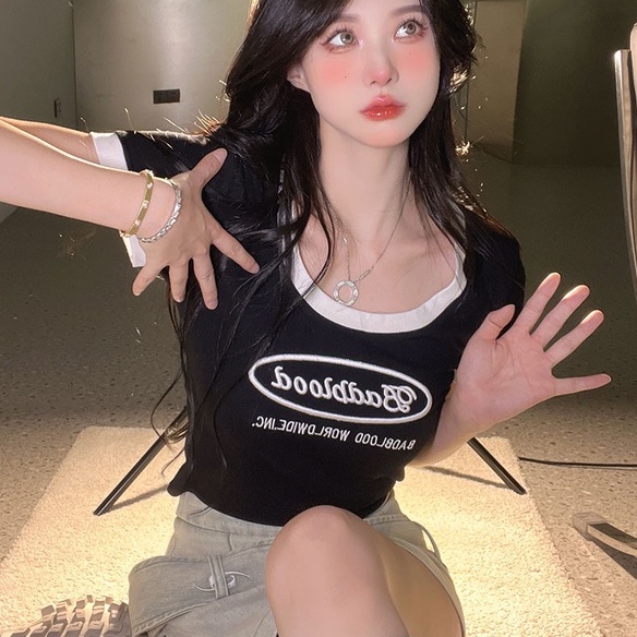 Áo thun dệt kim ZHELIHANGFEI tay ngắn in chữ thời trang cá tính cho nữ