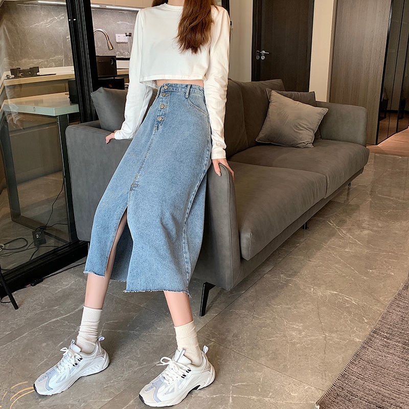 Chân Váy Denim Dáng Chữ a Lưng Cao Thiết Kế Không Đồng Đều Thời Trang Mùa Xuân Hàn Quốc Mới Cho Nữ