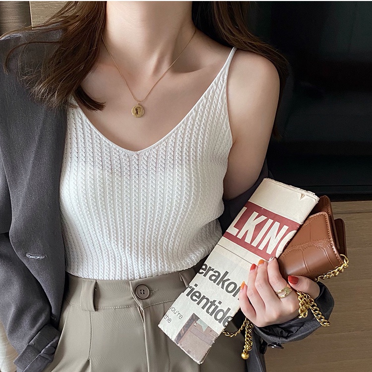 Áo Dệt Kim Không Tay Cổ Chữ V Màu Trơn Phong Cách Hàn Quốc Mới Cho Nữ