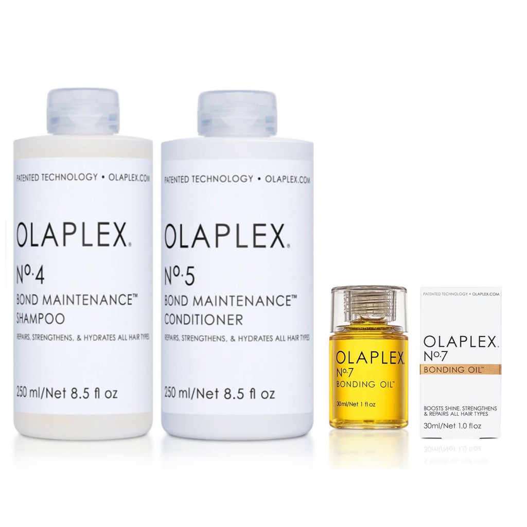 Combo dầu gội, dầu xả và tinh dầu Olaplex No4, No5 và No7 250ml giúp hàn gắn liên kết lưu huỳnh, giảm gãy rụng