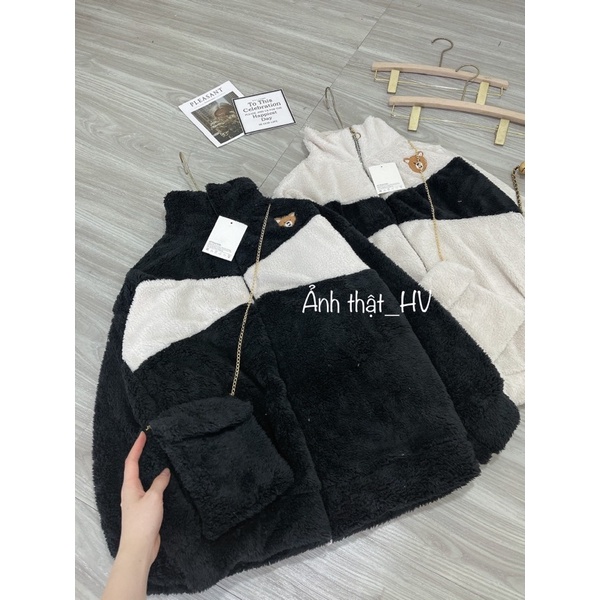 Áo khoác lông gấu phối màu kèm túi