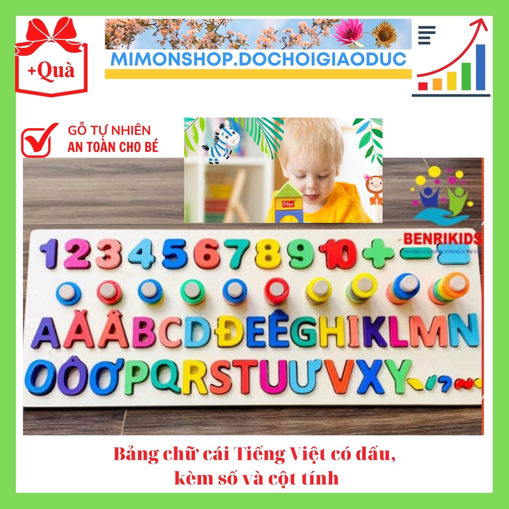 Đồ chơi bảng ghép gỗ cột tính Học đếm Số chữ cái Tiếng Việt kèm dấu, tiếng Anh, Phát triển trí tuệ cho trẻ MIMON