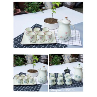 Bộ bình nước ly/cốc sứ Bát Tràng họa tiết hoa sen/đào