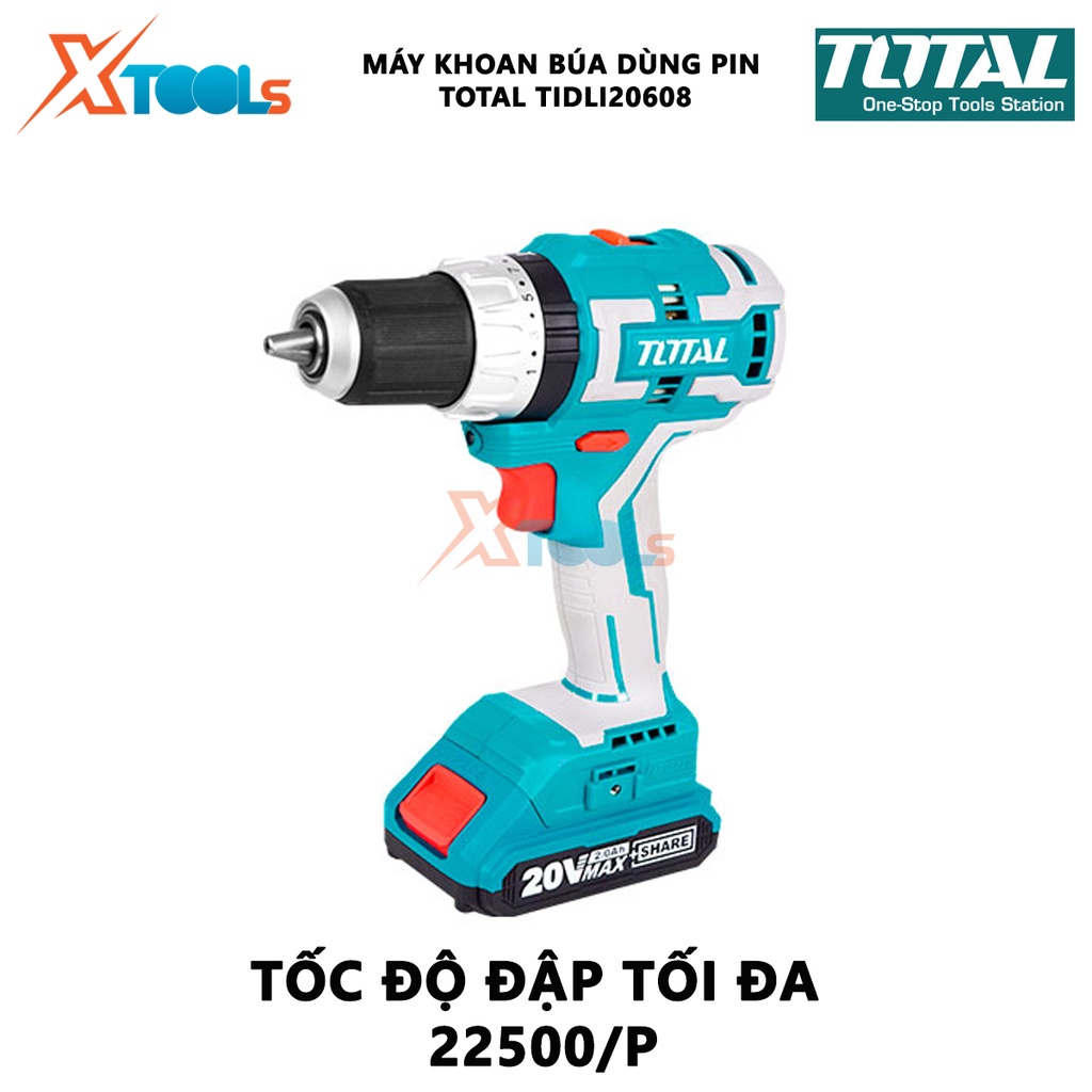 Máy khoan bê tông dùng pin 20V không chổi than TOTAL TIDLI20608 hai tốc độ 450-1900v/p, tốc độ đập 22500bmp, khả năng kẹ