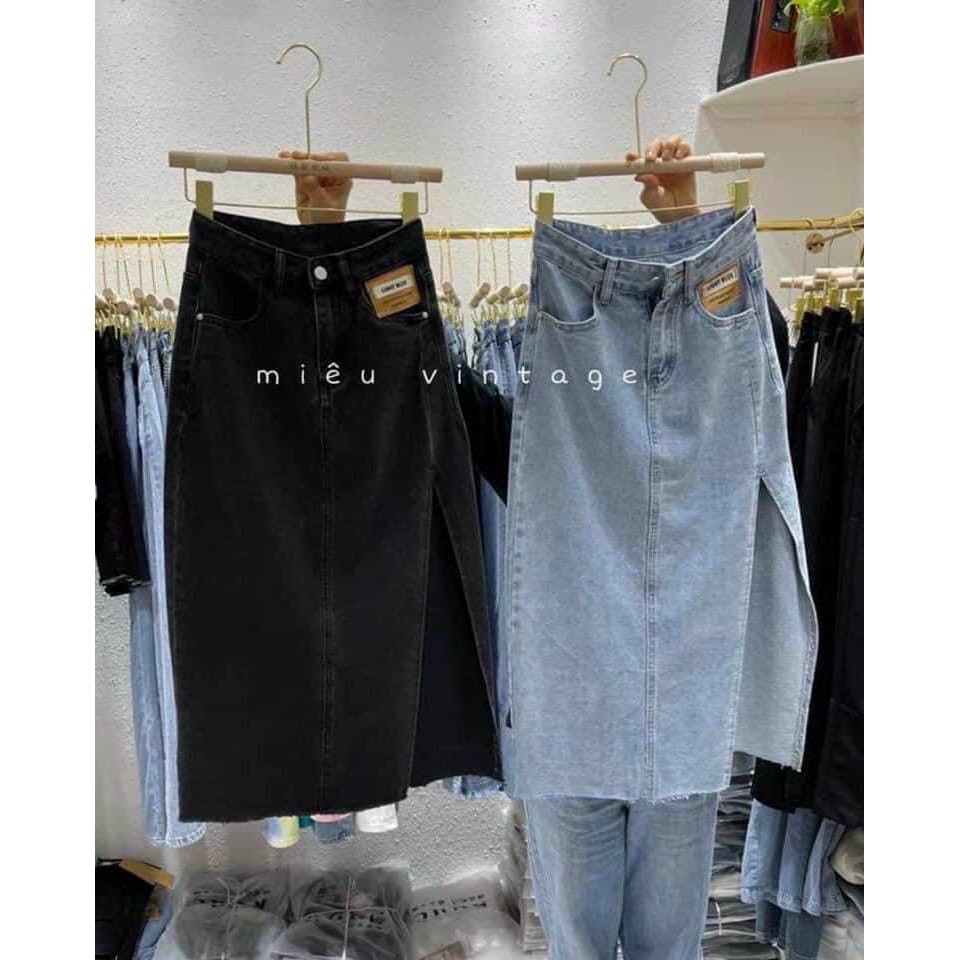 Chân váy denim lưng cao xẻ tà quyến rũ cho nữ