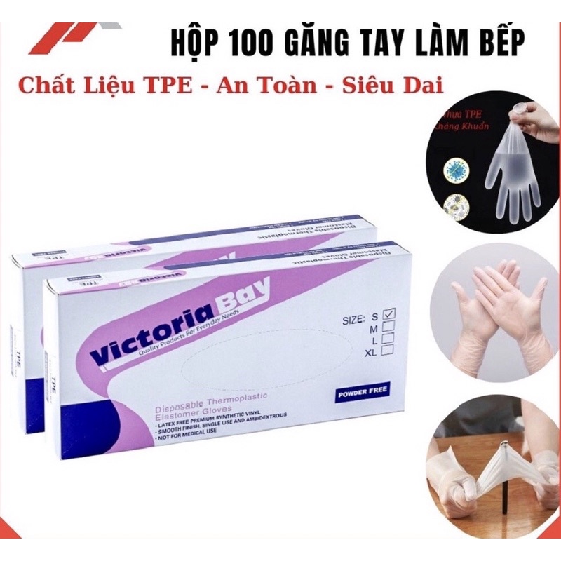 Hộp 100 cái găng tay cao su TPE dùng 1 lần Victoria làm bếp nấu ăn vệ sinh siêu dai
