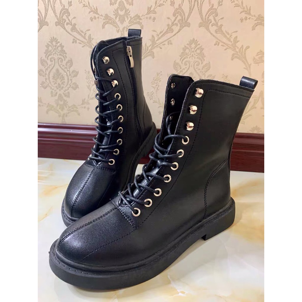 Giày Bốt Martins Nữ Boots Cao Cổ Da Mềm Đế Bằng Khóa Kéo Cạnh (Tặng Kèm Tất) GB01 | BigBuy360 - bigbuy360.vn