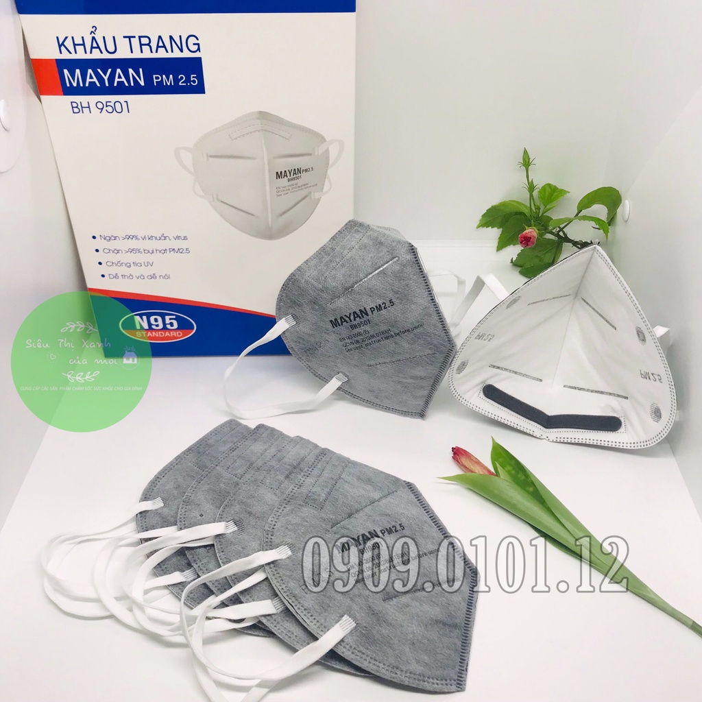 Khẩu trang n95 Mayan bh9501 chính hãng hộp 60 cái, kn95 mask đệm mũi cao cấp lớp lọc kháng khuẩn than hoạt tính