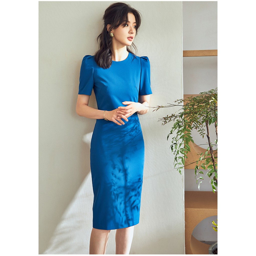 Đầm dáng suông ôm bút chì tay ngắn phồng cổ tròn sát