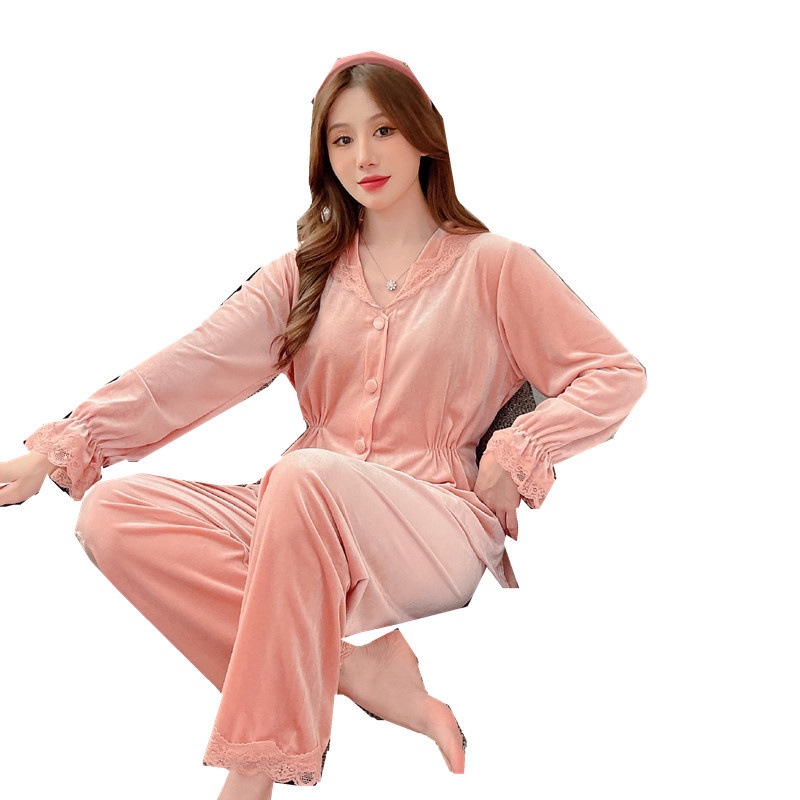 Bộ Đồ Ngủ Tay Dài Chất Liệu Nhung Thời Trang Thu Đông Phong Cách Hàn Quốc Cho Nữ