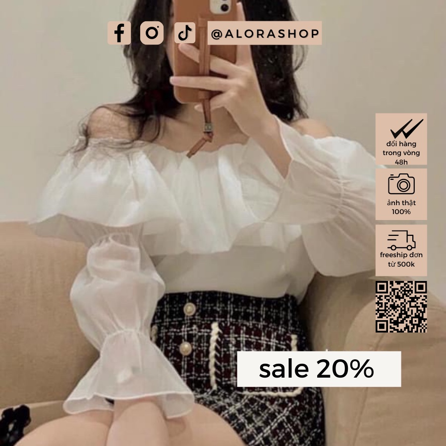 Áo trễ vai nữ chất organza xốp bèo ngực tay bo chun trắng, be thời trang nữ Alora