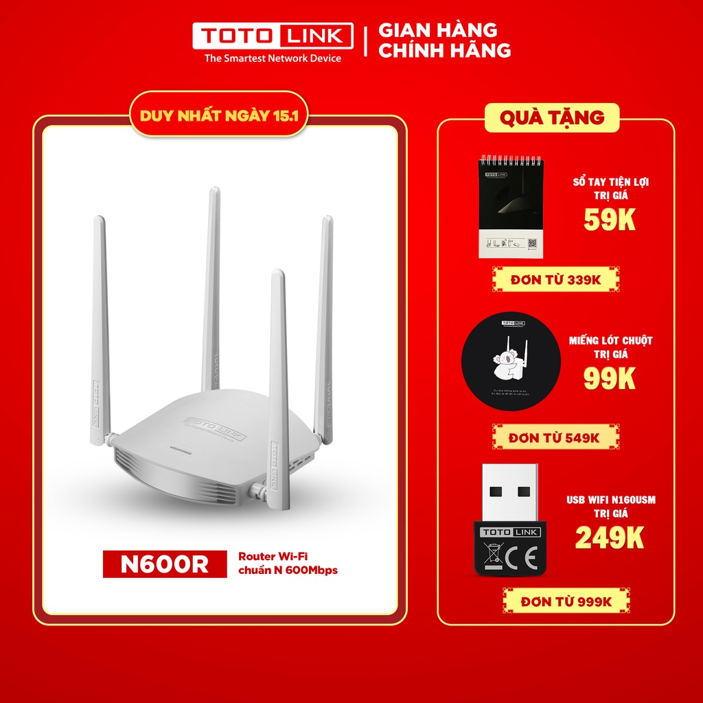 TOTOLINK N600R - Router Wi-Fi Chuẩn N 600Mbps Cục phát wifi tốc độ ổn định - Hãng phân phối chính thức