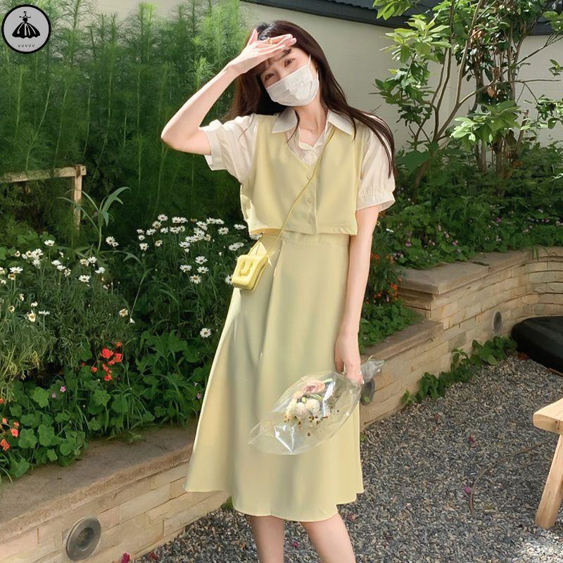 Váy babydoll đầm babydoll Đầm Sơ Mi Giả Hai Mảnh Màu Vàng Thời Trang Mùa Hè 2022 Phong Cách Pháp Hàng Mới Dành Cho Bạn Nữ