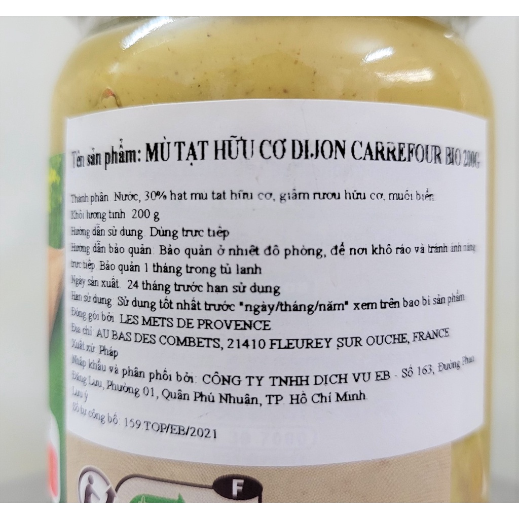 HẠN SỬ DỤNG 30/10/2023 [Lọ 200g] [Organic] MÙ TẠT DIJON HỮU CƠ [France] CARREFOUR BIO Dijon Mustard (atp)