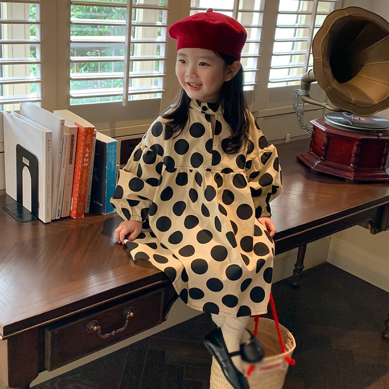 Se7en Đầm Công Chúa Mùa Hè Tay Dài Cổ Tròn In Chấm Bi Phong Cách Hàn Quốc Cho Bé Gái