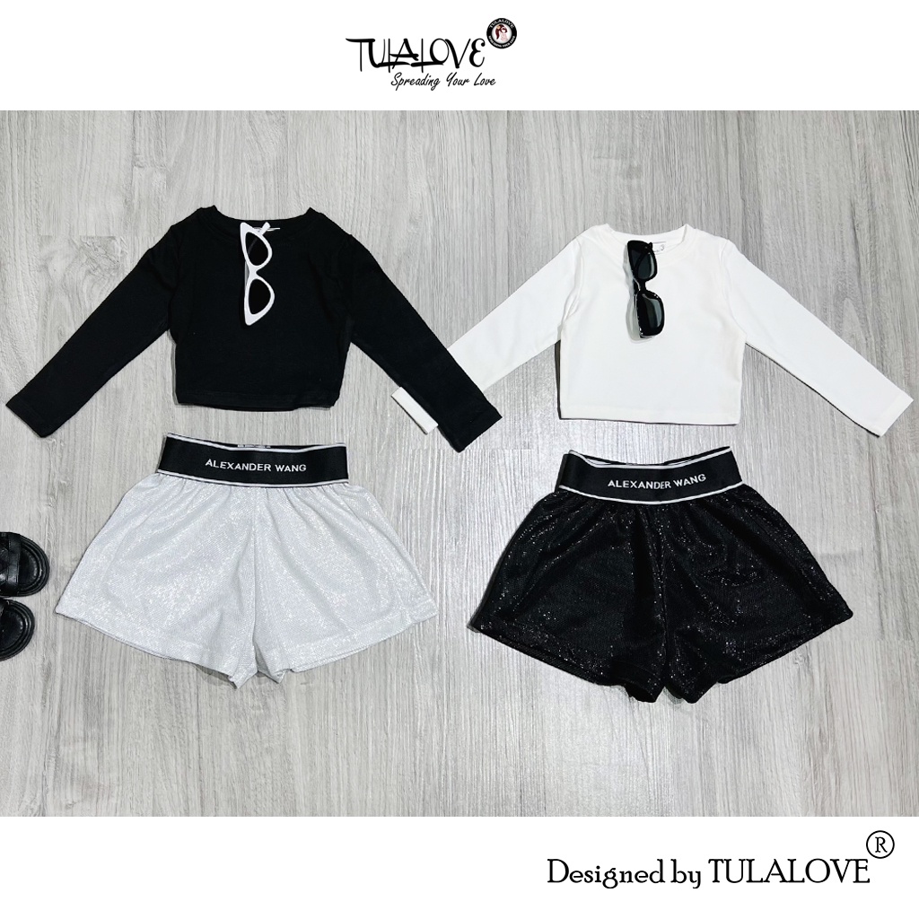 Quần Short Cạp Chun, Áo Croptop Dài Tay Cho Bé Gái Tulalove