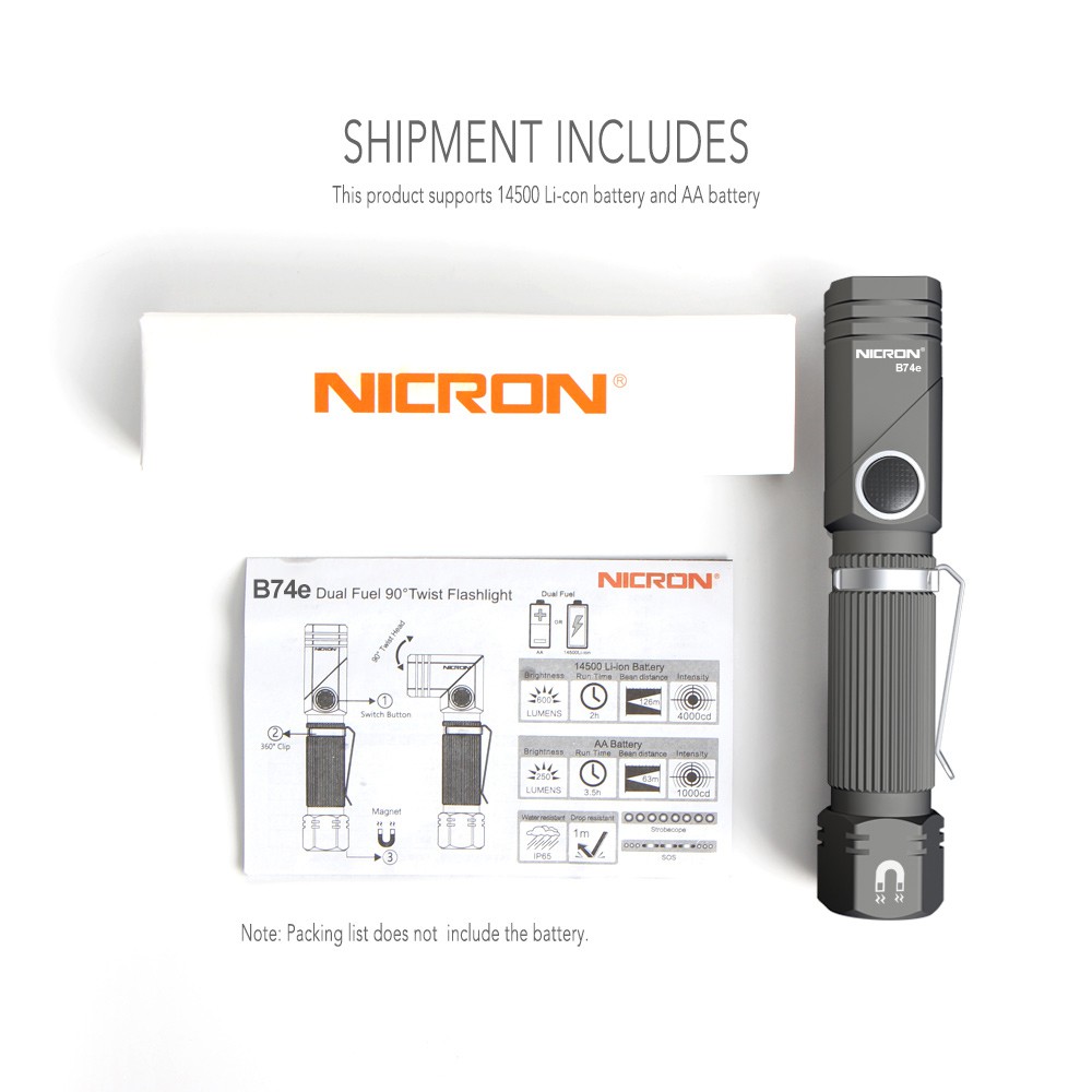 Đèn Pin Led NICRON B74E  90 Độ Chất Lượng Cao° Đèn Pin Mini Dạng Xoay 600LM Chống Thấm Nước IP65 B74e