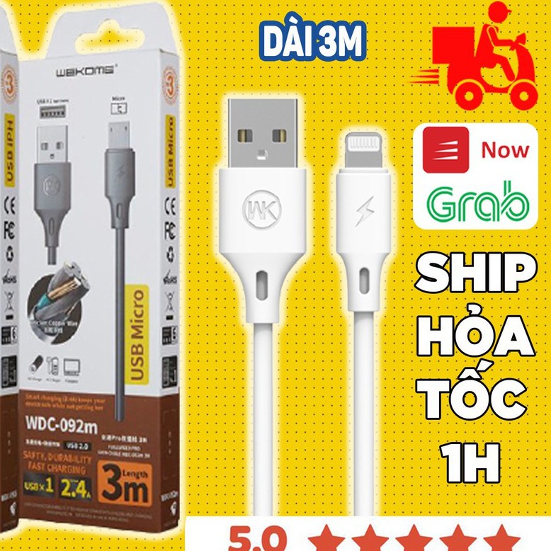 Dây cáp sạc nhanh 2.4A Wekome  micro Type ipho dây dài 3M 300 cm