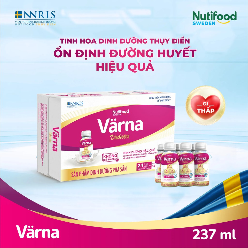 date mới Thùng 24 Chai Sản Phẩm Dinh Dưỡng Pha Sẵn Nutifood Värna Diabetes chai 237 ml