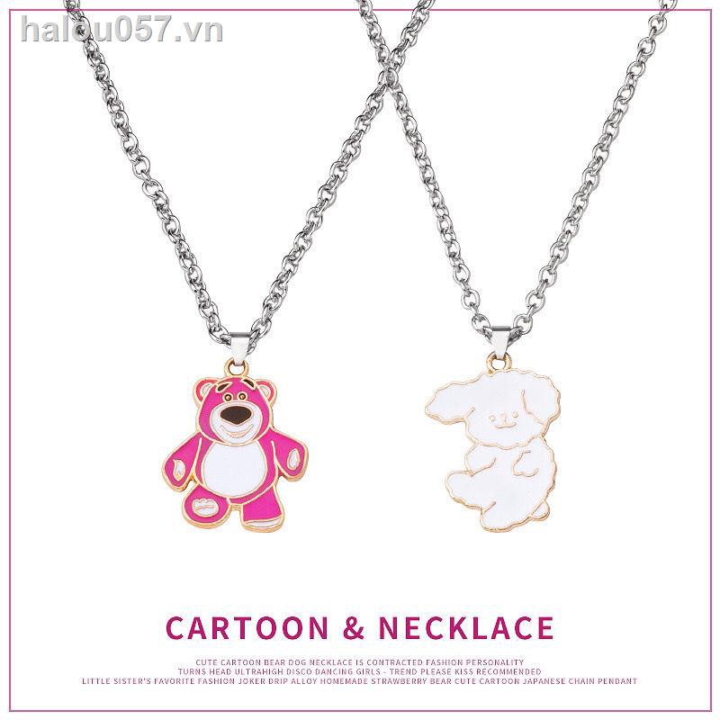 ✿Ready stock✿  Cartoon Cute Strawberry Bear Puppy Necklace Epoxy Bungee Tide Ins Couple Small Fresh