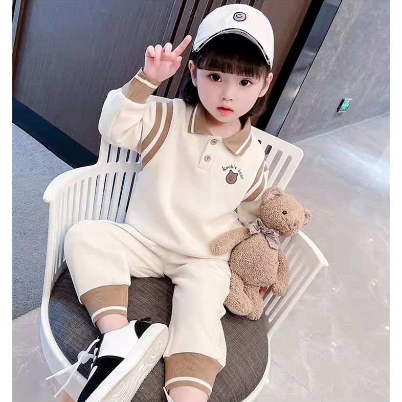 Quần Áo Bộ thu đông bé gái gồm áo phông polo dài tay, logo gấu và quần dài cạp chun bo gấu cho bé 7 - 20 kg, SUN KID'S