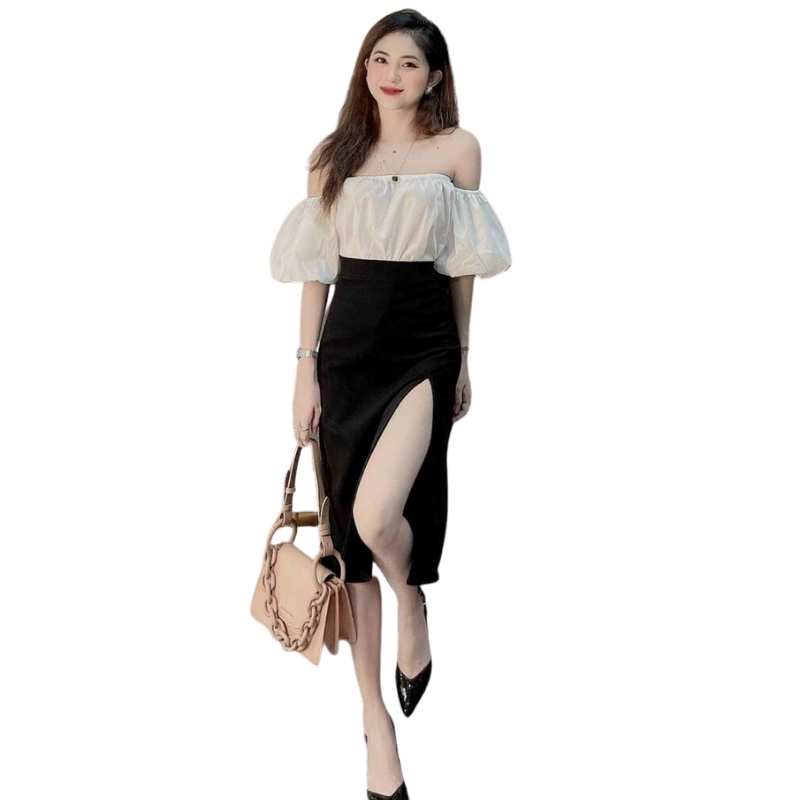 Sét áo trễ vai trắng tay phồng kèm chân váy dài xẻ đùi cho nữ kiểu xinh xắn-Tiểu thư- thời trang-Mã082