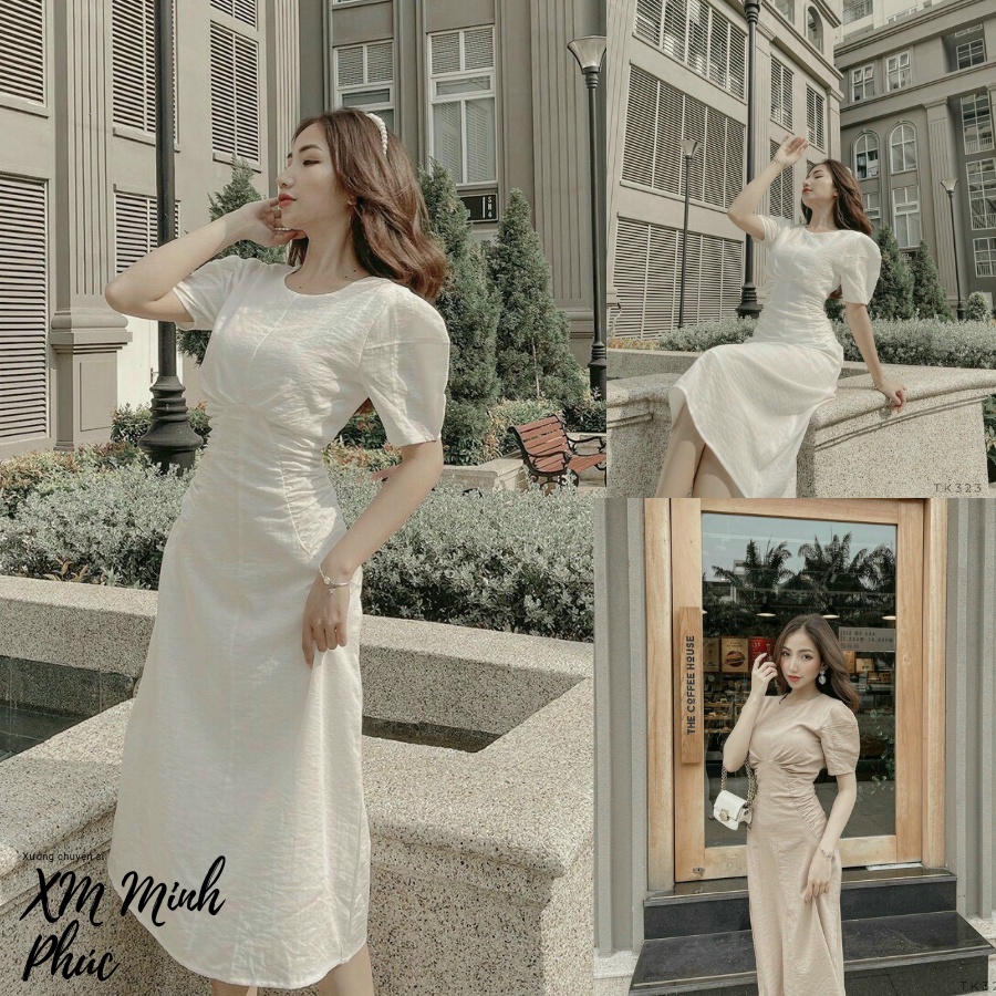 Váy thiết kế ,váy dự tiệc tay bồng tiểu thư dáng dài Midi,đầm linenl mịn full 2 lớp xịn sò đi làm dạo phố XM Minh Phúc