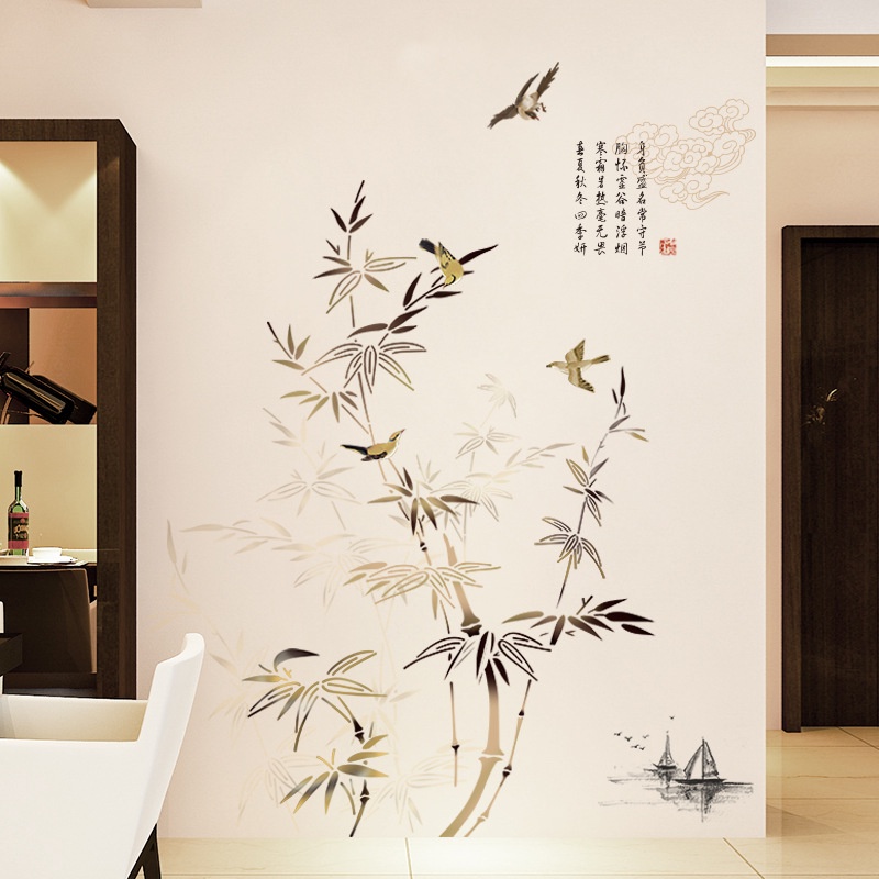 Tranh kép dán tường Cành trúc và chim trời, Decal phong cảnh trang trí KT 200x125cm