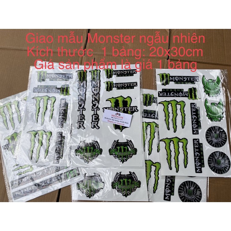 Sticker nổi chống nước dán xe máy, mũ bảo hiểm mẫu MONSTER (giá 1 bảng, mẫu ngẫu nhiên)