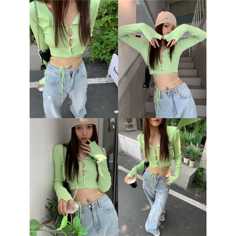 QADCOL  Áo Sweater Dệt Kim Tay Dài Dáng Ôm Cột Dây Trẻ Trung Quyến Rũ Dành Cho Nữ