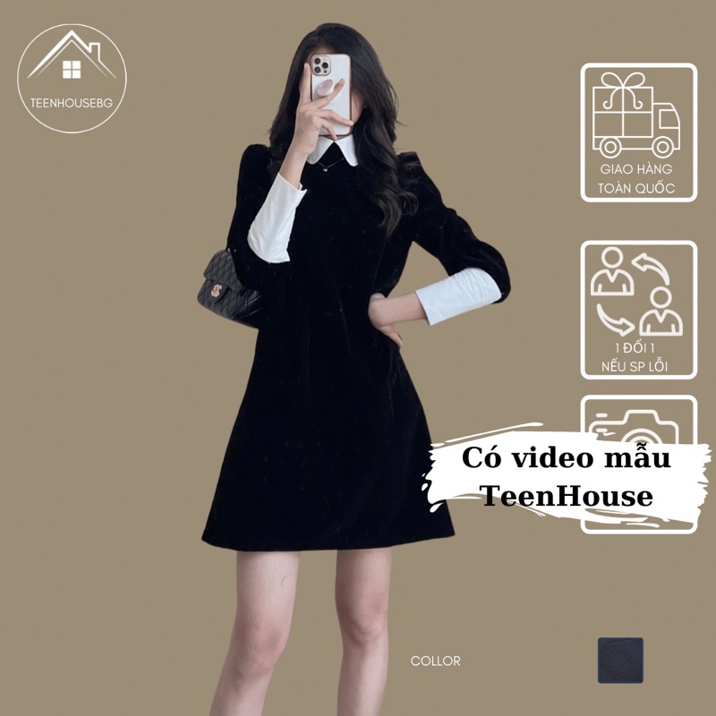 Đầm tiểu thư dáng dài kiểu váy nhung tiểu thư cổ sơ mi dáng váy ulzzang tiểu thư vintage chất nhung đen cao cấp