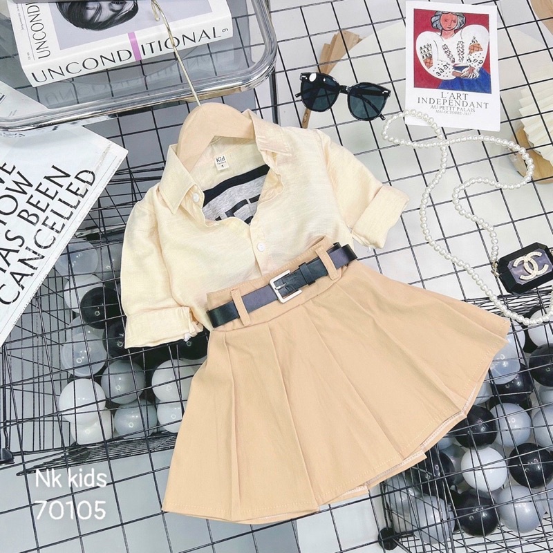 Set váy học sinh kèm áo Bra và đai Lưng cho bé gái 15-30kg