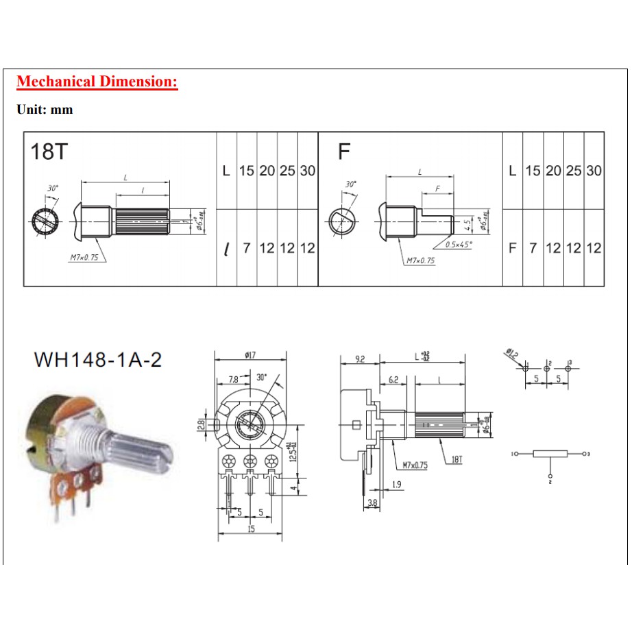 Biến trở - Triết áp volume đơn WH148 3 chân dài 20mm